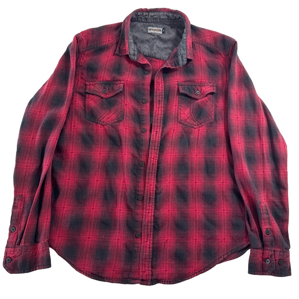 Burnside Men’s L Plaid Flannel Shirt Red Black Western Grunge Cotton Blend